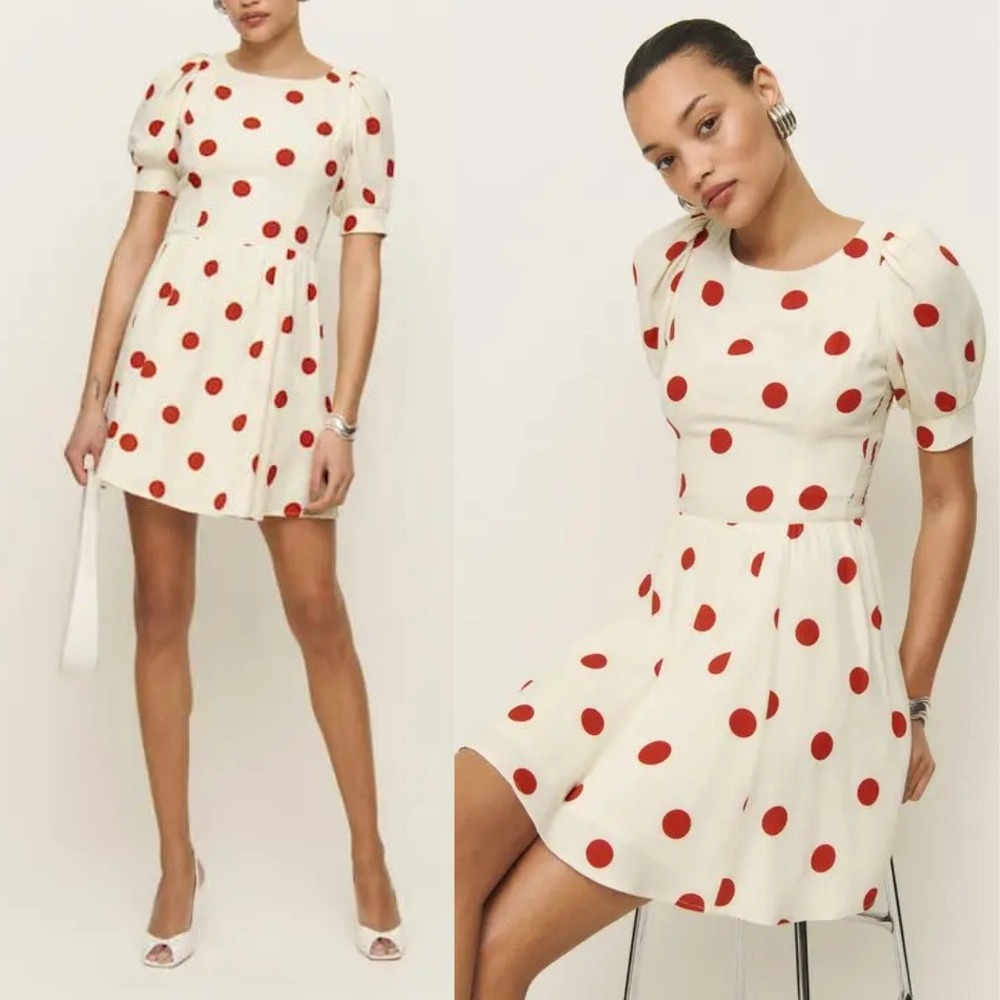 Reformation | NWT Aiyana Polka Dot Puff Sleeve Mini Dress in Carmona Dot - Picture 1 of 9